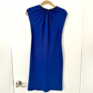 Theory Crepe Royal Blue Shirred Neck Sheath Dress - size small